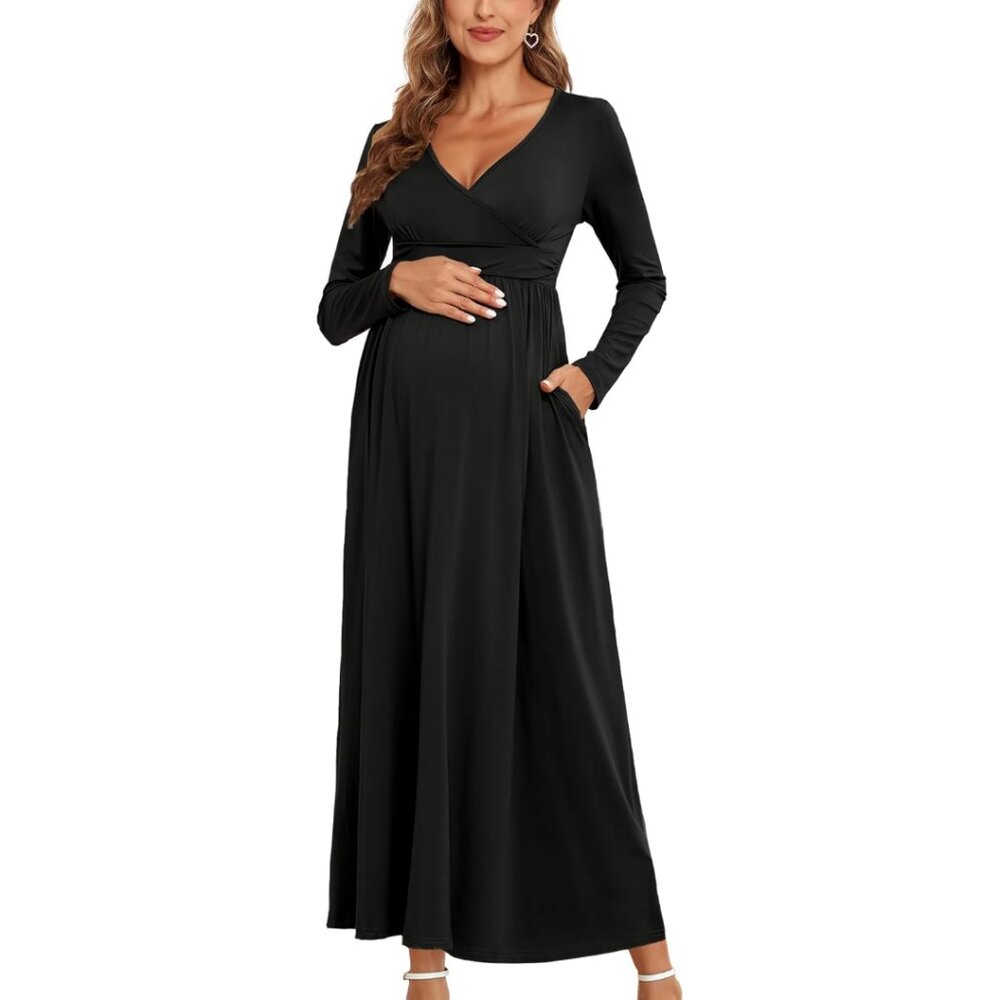 Maternity Maxi Dress Long Sleeve Wrap V Neck Dress w/ Pockets, L, Black